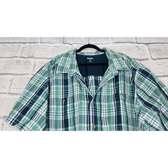 KingSize Big And Tall Short Sleeve Button Up Plaid Mens 4xl Green Casual Shirt - Picture 6 of 6